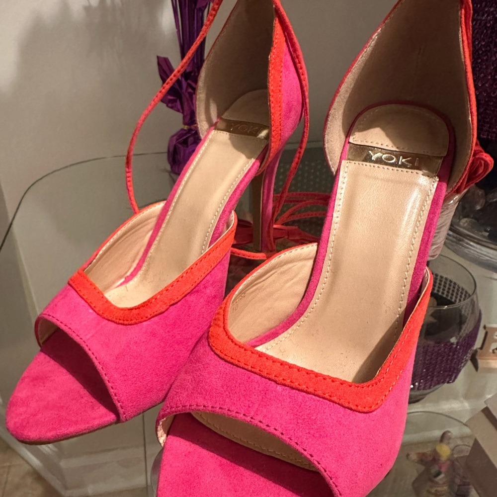Fuchia-Orange Ankle Tie, Peep Toe Suede Dress Pump